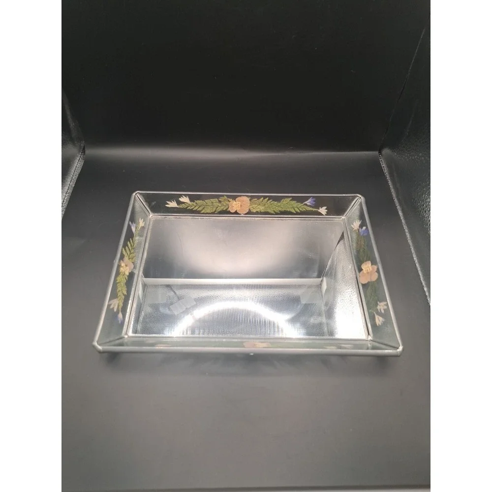 Vintage International Silver Company Glass Handpainted Floral Vanity Tray GUC